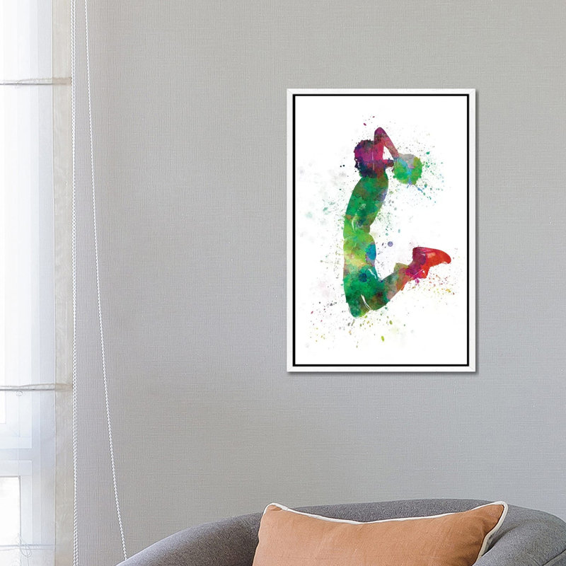 Young Man Basketball Player Dunking II by Paul Rommer - Painting on Canvas, 66.04 cm H x 45.72 cm W, White Framed