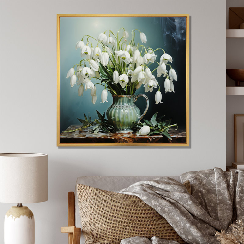 White Green Snowdrops Romantic Impression I - Floral Canvas Art Print, Cadre flottant doré, H 24 po x l 24 po