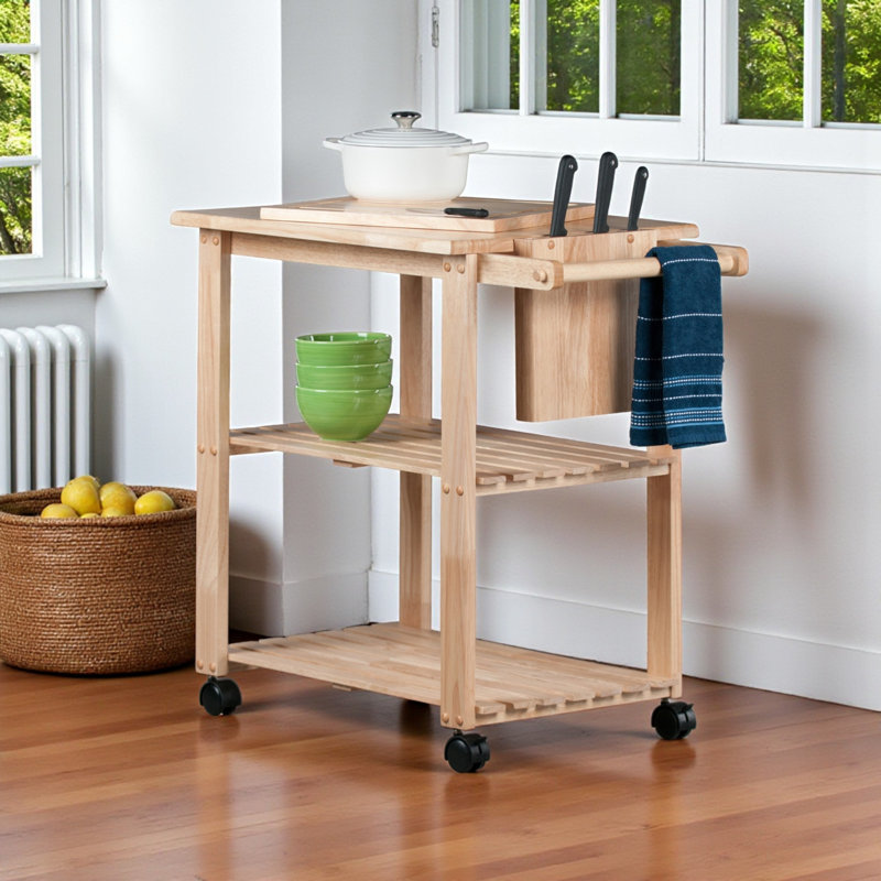 Mario Wheeled Utility Cart with Pull-Out Cutting Board in Natural, 31.80" H X 26.85" W X 20.35" D