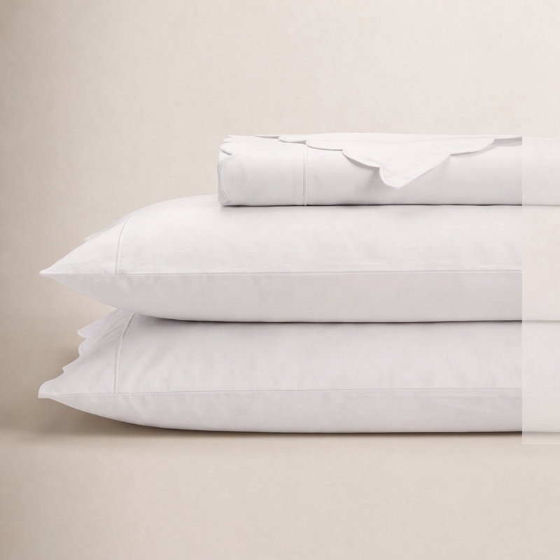 Scallop Frame Percale Sheet Set, Queen Sheet Set with 2 Pillowcases, White