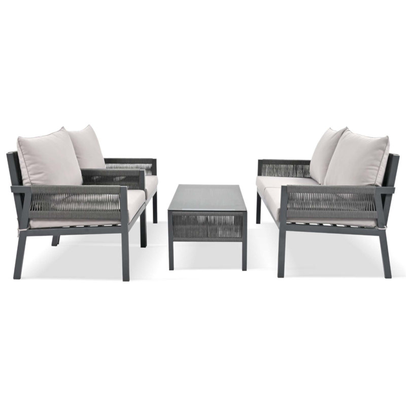 4-Piece Rope Patio Furniture Set with Tempered Glass Table, Deep Seating and Thick Cushions for Outdoor Comfort and Style