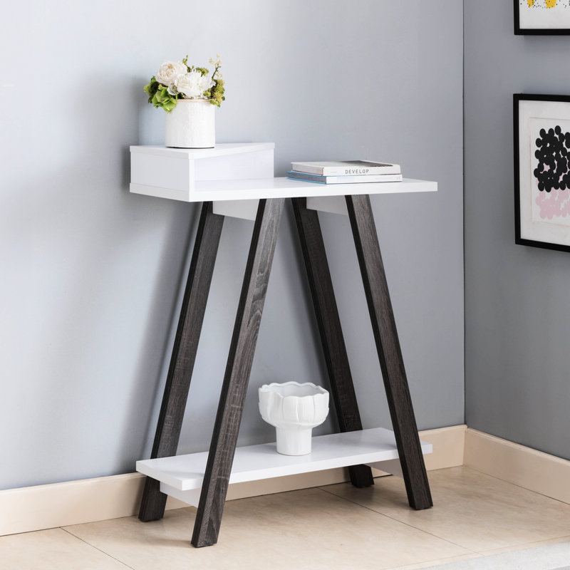Console bicolore avec rangement supplémentaire - Blanc et gris, pied en forme de A, tablette grise élégante, plateau spacieux, pieds, poids 11,4 kg