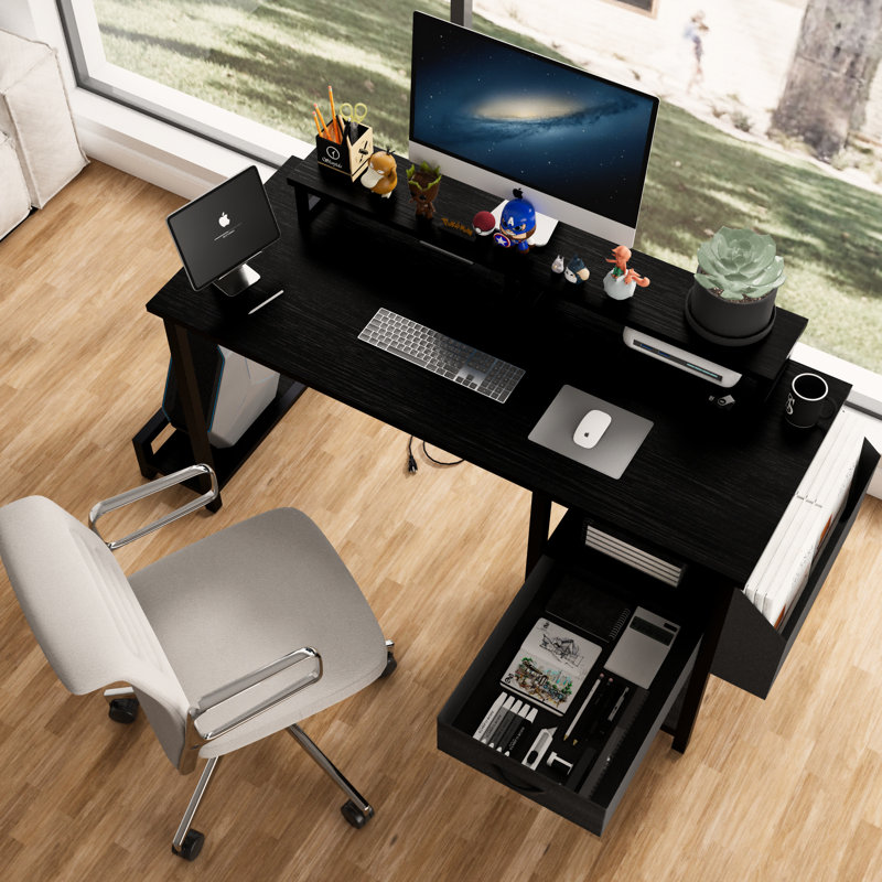 Bureau d'ordinateur 47,3 po avec tiroirs et prise de courant - support pour écran de jeu noir