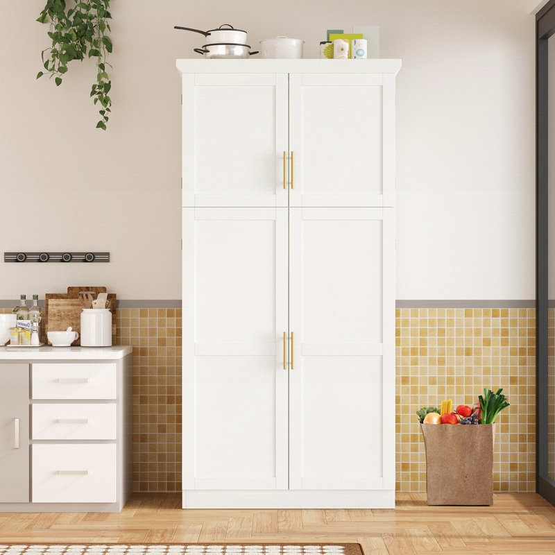 Armoire de cuisine autoportante, armoire de rangement haute avec 4 portes, 2 tablettes de porte, 8 plateaux coulissants et tablette réglable