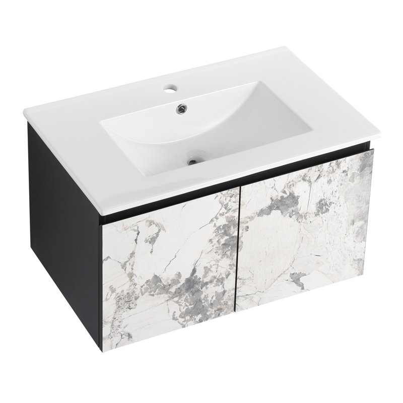 Meuble-lavabo de salle de bain avec porte à fermeture en douceur et lavabo en céramique - noir, conception de précision moderne