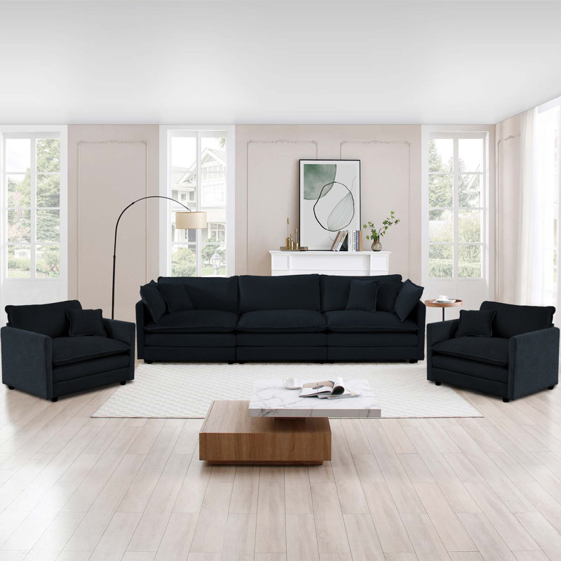 Ensemble de canapés en tissu d'ameublement en chenille moderne, 3 places et 1 canapé simple, Noir, noir, noir, noir