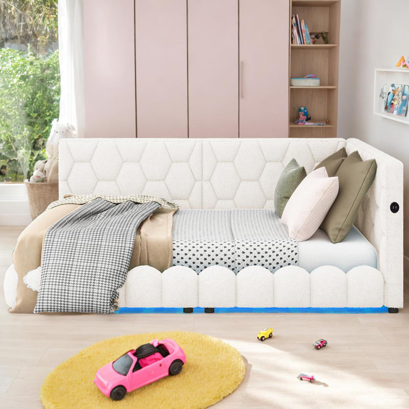 Lit plateforme tapissier en mousse avec ports USB et ceinture DEL, Blanc