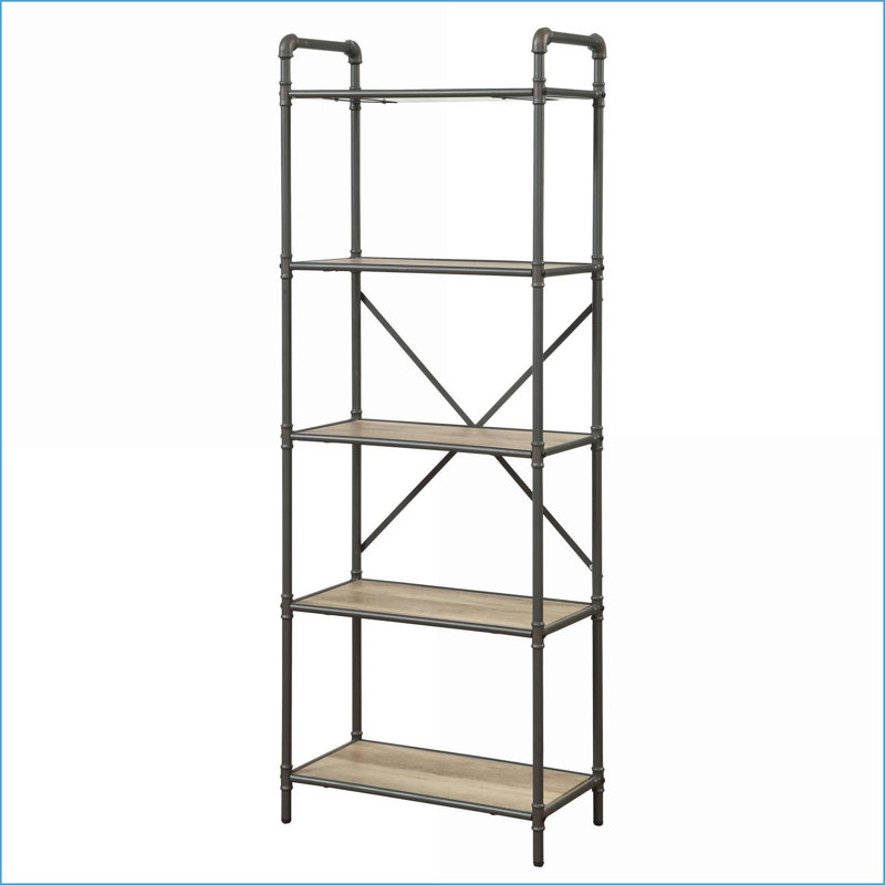 Bookshelf, Industrial 5-Shelf Wood + Metal, Antique Oak &amp; Light Grey, 63.5"H | Open Back