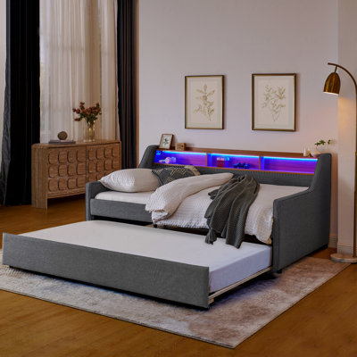 Twin Size Linen Sofa Bed: 3 LED Lights, Adjustable Storage Headboard, Foldable Leg Trundle, Wireless Charging