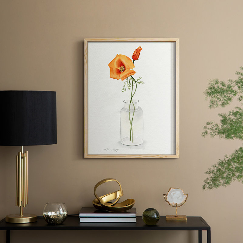 California Poppy Vase I Framed Print - Solid Wood, 30" H x 24" W