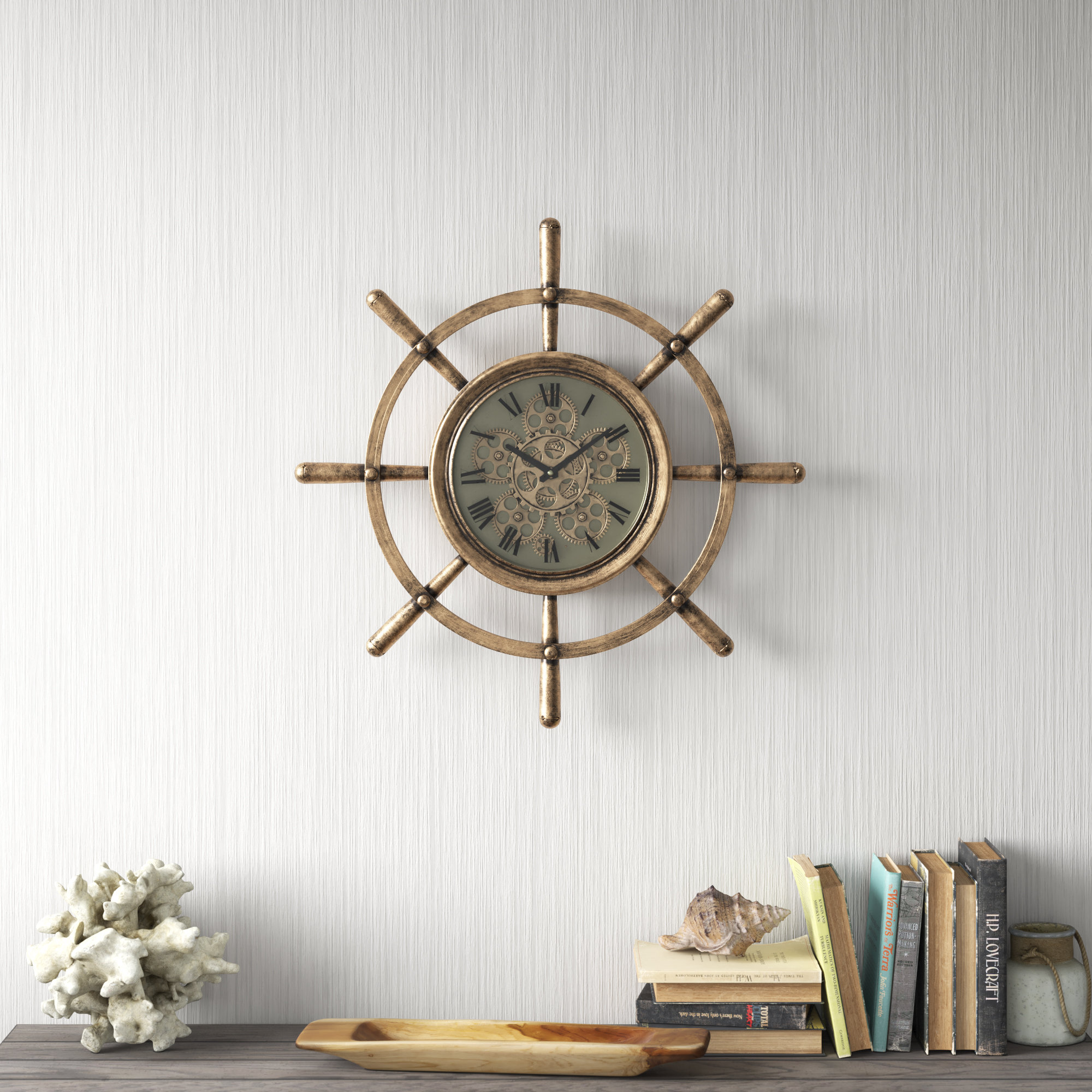 18 Wooden Ship Wheel Clock (Yellow Compass Roman Dial - 10)