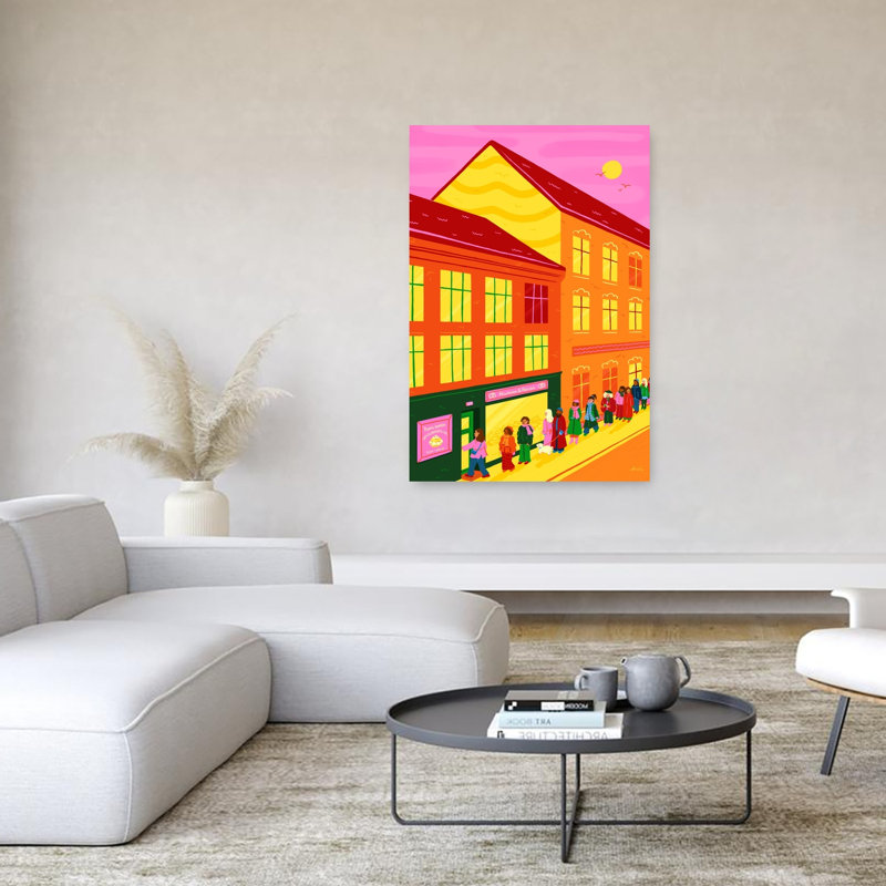 «Bakery Queue At Sunset», impression vibrante de chien abstrait au coucher du soleil, H 60 po x l 40 po