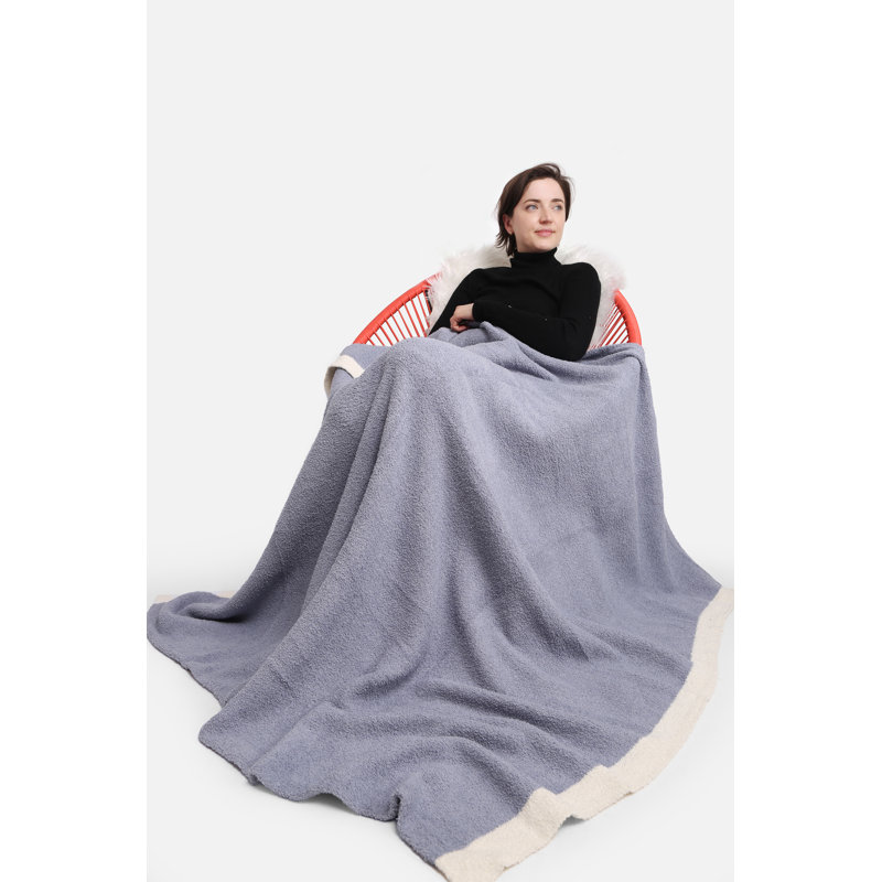 Jeté de luxe uni de couleur unie avec bords colorés , Bleu