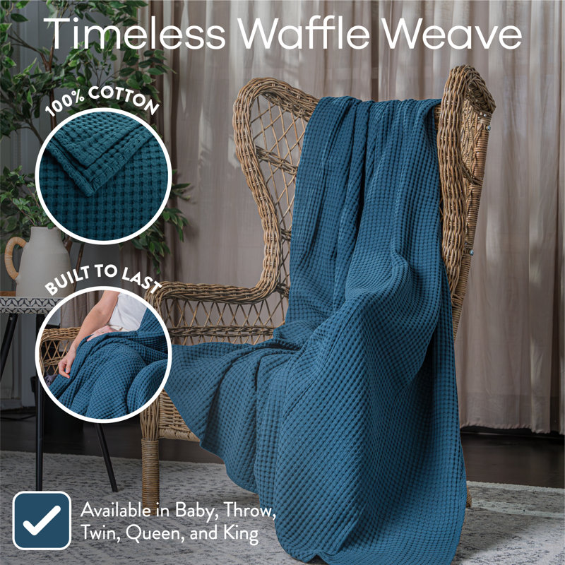 Comfy Cubs 100% Cotton Waffle Weave Throw Blanket Breathable Skin-Friendly Soft Lightweight, Textured Blanket, Twin, Neptune