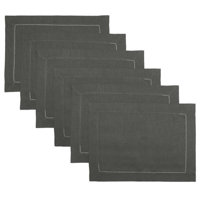 Signature Linen By D'Moksha, 100% Pure Linen, Charcoal Gray Placemats, Hemstitch, Set of 6, 14 x 19 In
