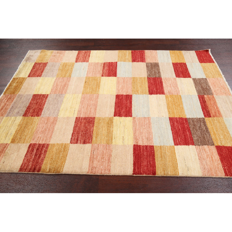 Tapis beige / rouge / jaune en laine noué à la main de conception unique 4 pi 7 po x 6 pi 6 po New Age