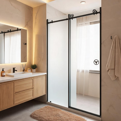 60 inch x 76 inch Matte Black Frameless Sliding Shower Door with Clear Glass