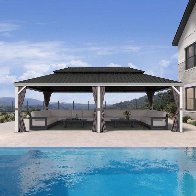 PURPLE LEAF 14' X 24' Hardtop Gazebo With Double Galvanized Steel Roof Awning And Upgrade Curtain For Patio Lawn And Garden, Grey