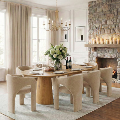 47"-83" Extendable Round To Oval Dining Table Set,Modern Pedestal Wood Dining Table With Upholstered Barrel Chairs