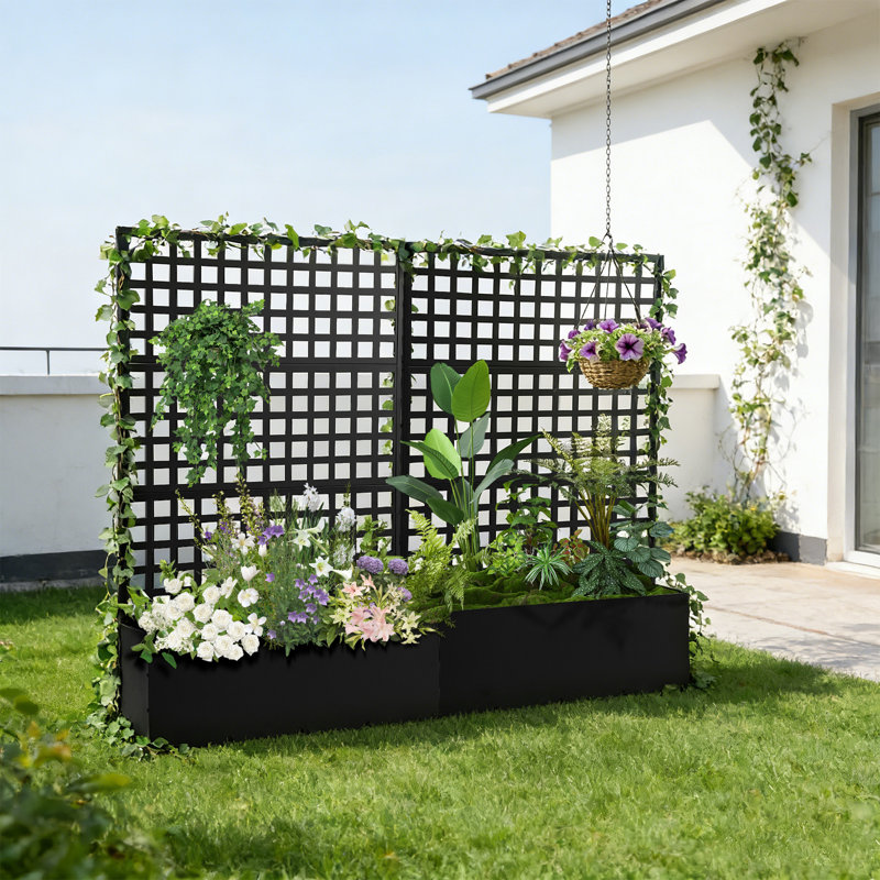 Ensemble de 2 pots d'intimité en métal avec treillis, lit de jardin surélevé avec trous de drainage, noir, 70 po x 46 po x 12 po