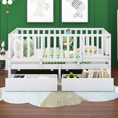 Herschell Full Size Wood Daybed with Fence Guardrails and 2 Drawers, Used as Independent Floor Bed