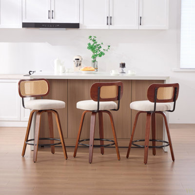 Set Of 3, 26-Inch Counter Height Bar Stools Cane Rattan Back Linen Upholstered Seat, Swivel Design For Kitchen Island/Bar/Counter