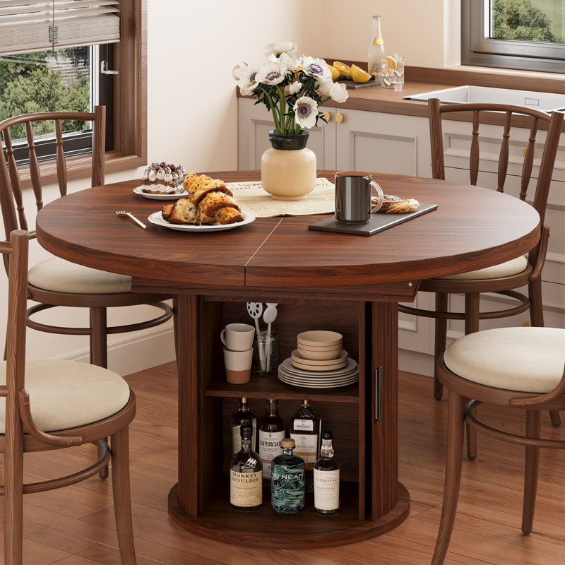 43.3"-59" Extendable Round Dining Table for 4-6, Oval Kitchen Dining  Table with Storage, Pedestal Dining Table, Walnut