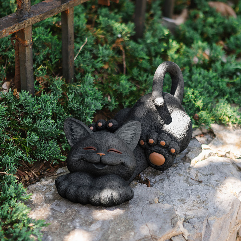 Statue de jardin chat fantaisiste et souriant, Noir
