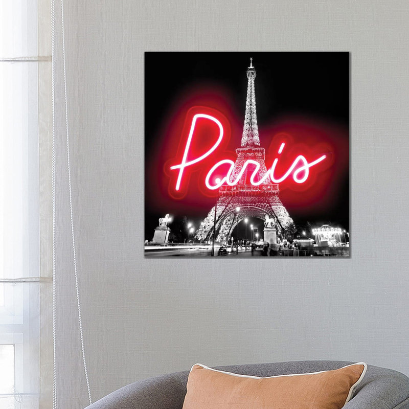 Neon Paris Red on Black 1 Piece Wrapped Canvas Wall Art, 66.04 cm H x 66.04 cm W x 3.175 cm D