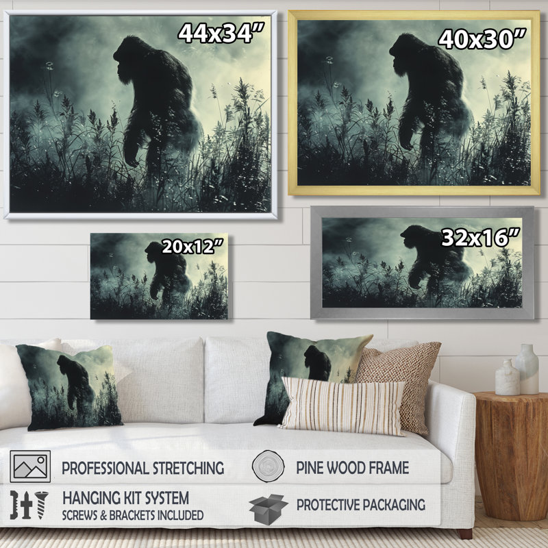 Silhouette d'ombre noire et grise Bigfoot - art mural Bigfoot, Toile argentée avec cadre flottant