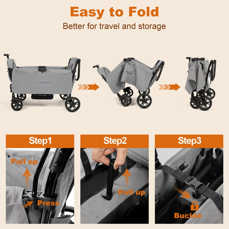 4-Seater Wagon Stroller with Push & Pull Handle, Adjustable Canopy, 5-Point Harness, Foldable, Gray