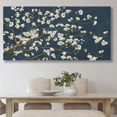 Flower Tree Wall Art - Large Cream White Floral Brown Branch Picture For Living Room Retro Dark Blue Canvas Painting Prints Decor Rustic Plants Artwor