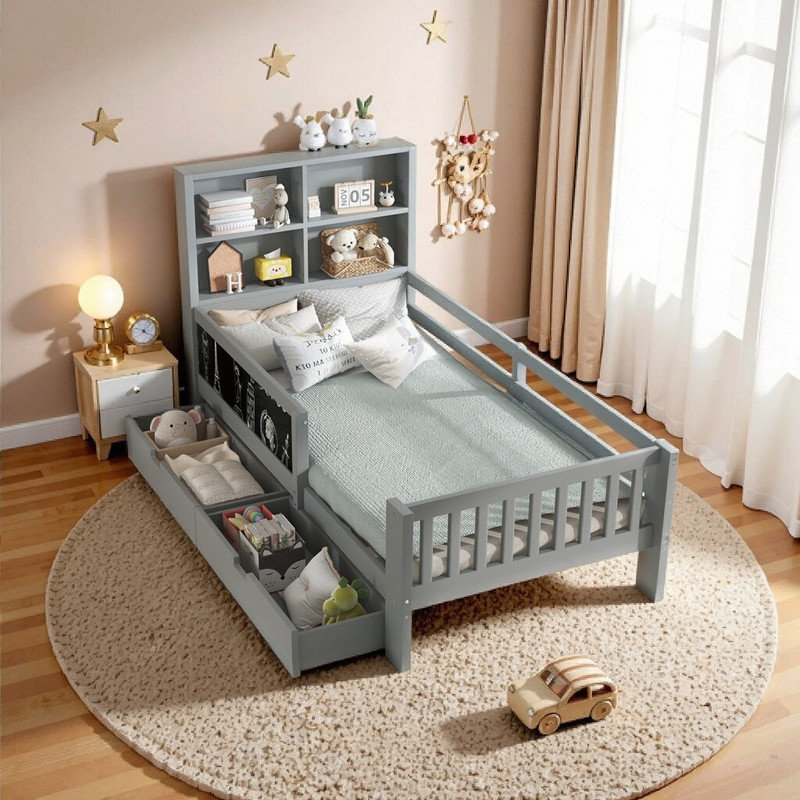 Lit plateforme simple avec tiroirs de rangement, tablettes et tête de lit, Gris