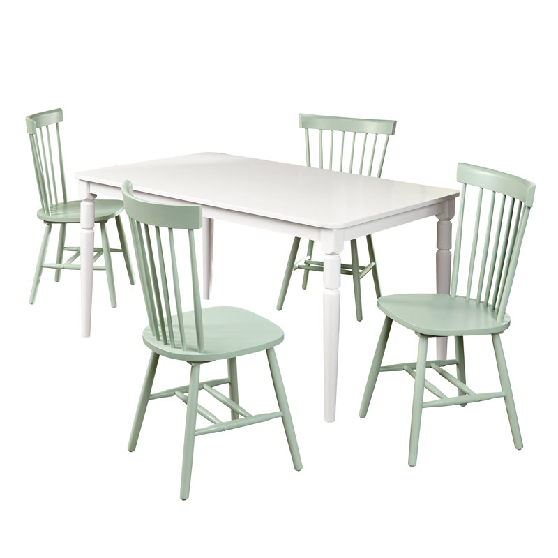 Toccoa Solid Wood Dining Set, White Table with Mint Chairs, 5 Pieces: 1 Table, 4 Chairs