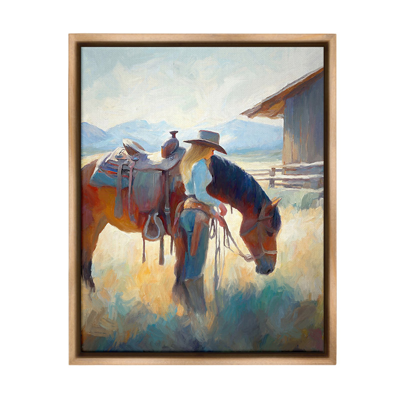 "Fille et cheval équestres" par Ramona Murdock sur toile, Cadre flottant orme Montalcino, H 21 po x l 17 po