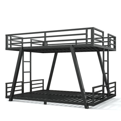 Lit superposé grand avec 2 échelles latérales, lit superposé en métal avec pieds de support spéciaux, lit superposé à profil bas, noir