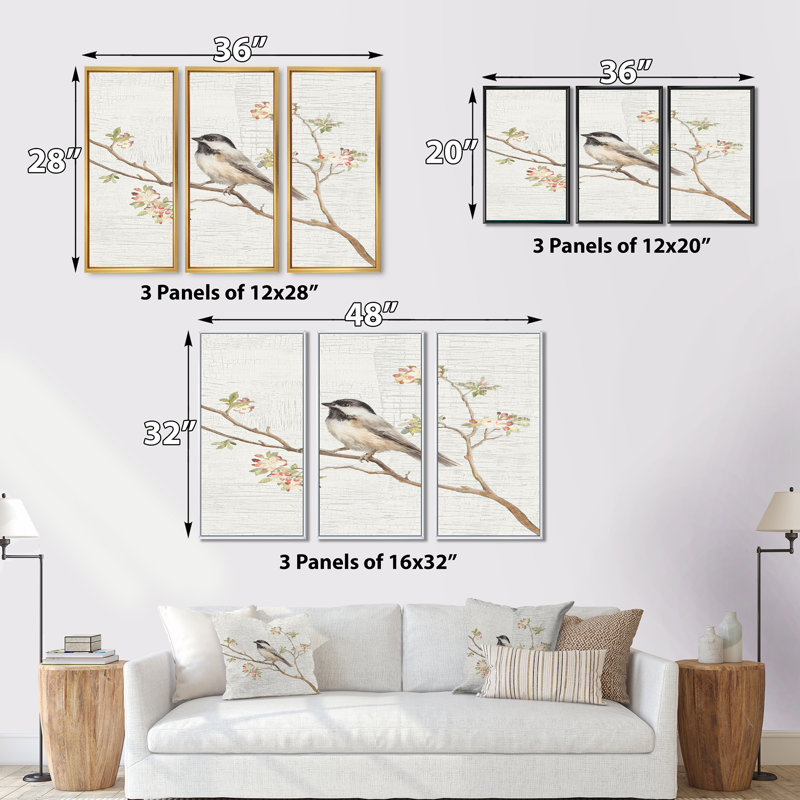 Birds On Blossom I - ensemble d'art mural sur toile traditionnel encadré de 3, H 28 po x l 36 po x P 1 po, Cadre doré