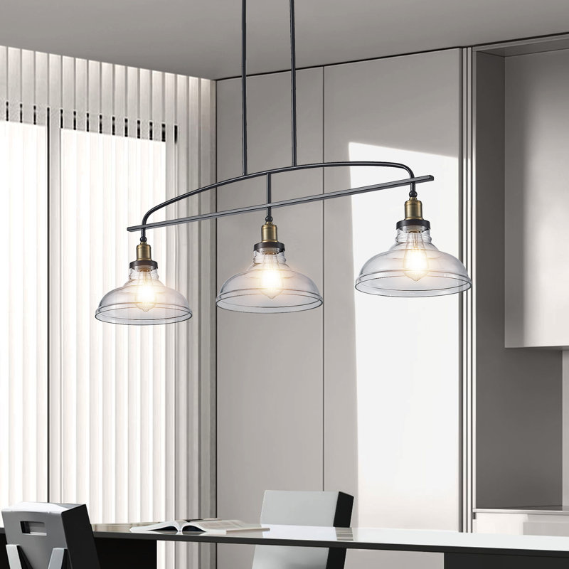 Lustre suspendu 3 lumières avec abat-jour en verre transparent, cadre en métal noir, hauteur réglable, éclairage de style campagne moderne pour îlot de cuisine