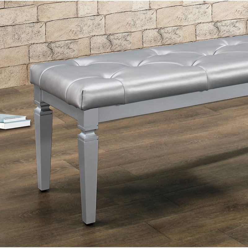Glamorous Silver Bench With Foam Seat And Faux Leather Upholstery Cushioned Bedroom Top