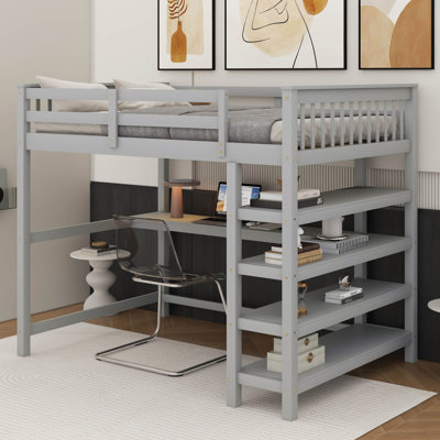 Loft Bed With Storage Shelves And Under-Bed Desk