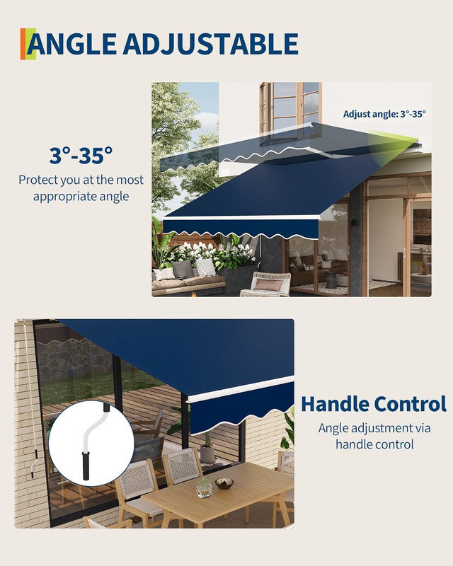 Auvent rétractable manuel 12 pi x 10 pi avec manivelle, polyester enduit de polyuréthane imperméable, cadre en aluminium pour terrasse, patio, porche, balcon