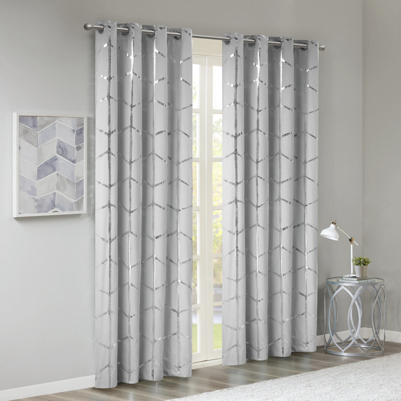 Grey/Silver Geometric Blackout Polyester Grommet Curtains, 50"x84" Set of 2