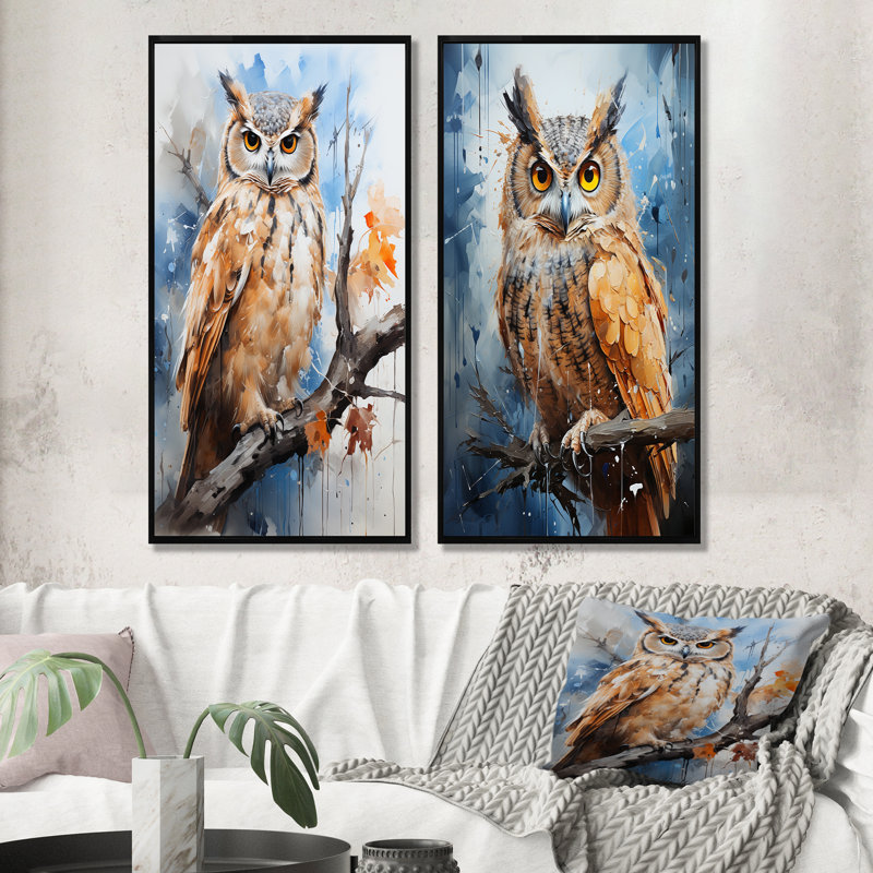 Chouette hibou, H 28 po x l 25 po, Cadre noir