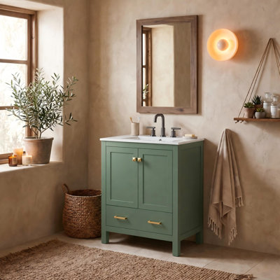 Freestanding Bathroom Vanity Cabinet in Green with Ceramic Top, Door Organizer and Divider Drawer
