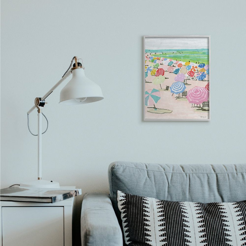Pastel Umbrella Fillé Beach Landscape - impression d'art graphique, Estampe numérique Farmhouse, H 20 po x l 16 po x 1,5 po