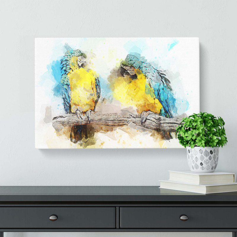 Two Blue & Yellow Macaw Parrots In Abstract - Wrapped Canvas Painting, 40cm H x 60cm W x 3cm D