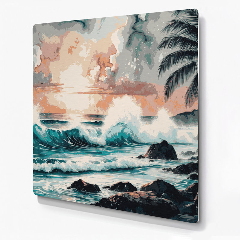 Art mural en métal beige côtier tropical du Pacifique, H 16 po x l 16 po