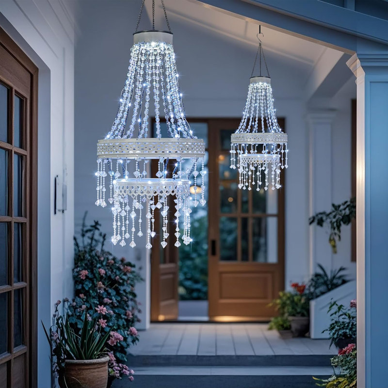 Lustre solaire 32 po pour l'extérieur, lumières de jardin solaires suspendues en cristal, lumière solaire imperméable IP44
