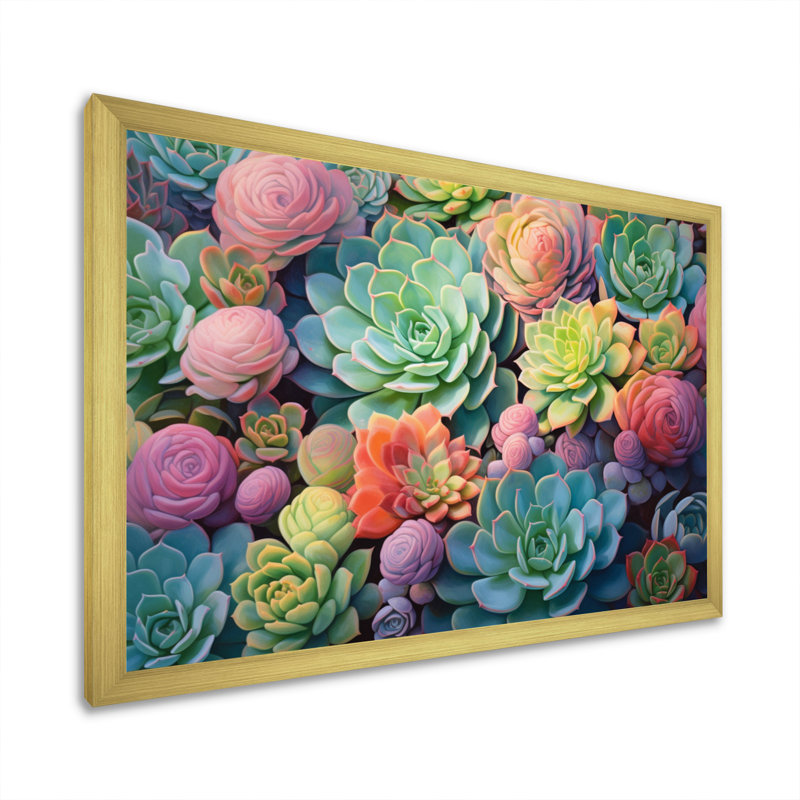 Vert, bleu, plantes grasses, succulentes, rêves II, Cadre doré simple, H 34 po x l 44 po x P 1,5 po