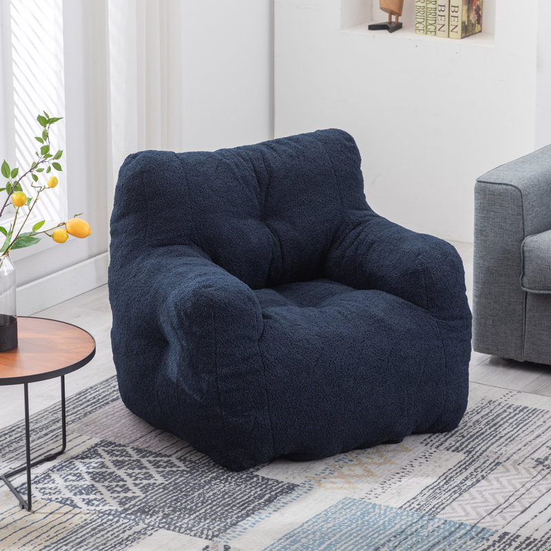 Compression Medium Adult Soft Teddy Fabric Bean Bag Chair With Foam Filled, Dark Blue Faux Fur